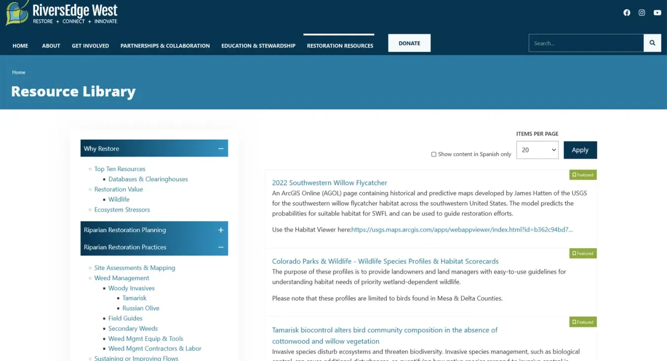 Screen capture of the Resources Library on the RiversEdge website.