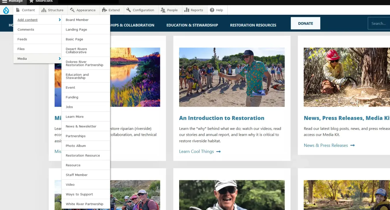 Screen capture of a Drupal CMS administrative menu.