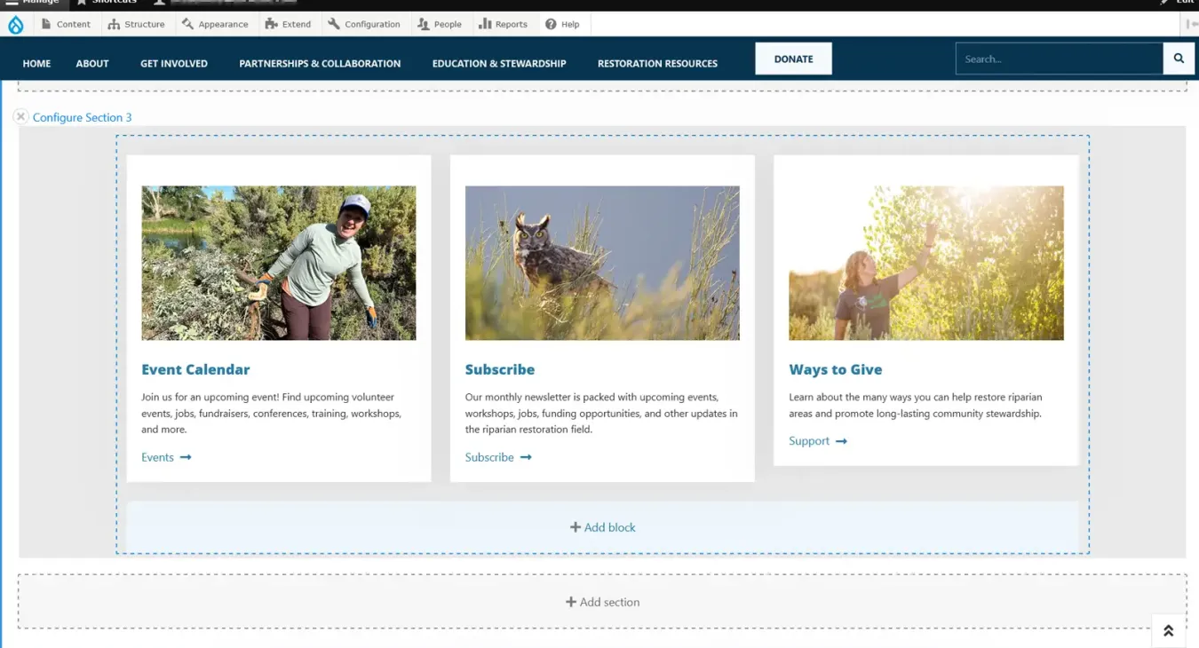 Screen capture of a Drupal CMS Layout Builder feature.