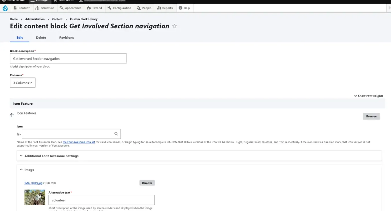 Screen capture of a Drupal CMS block editing feature.