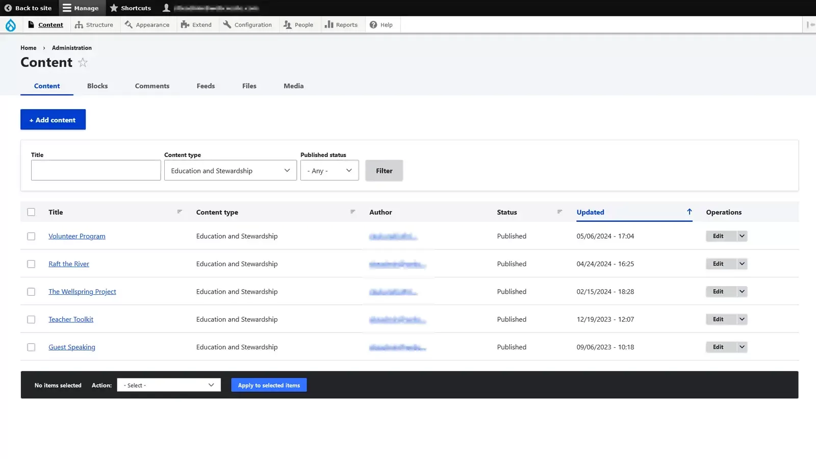 Screen capture of a Drupal CMS user management page.